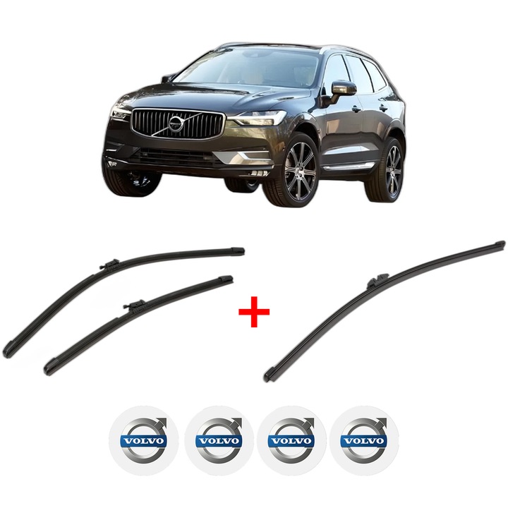 Set 3 stergatoare VOLVO XC60 II (246) din 2017 - 2022, pentru parbriz si luneta fata si spate auto, Valeo Silencio Xtrm, din cauciuc siliconat rezistent, 4 Stickere Auto VOLVO