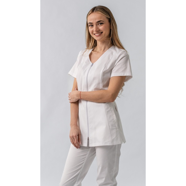 Bluza medicala Elena, de dama, cambrata, cu fermoar, culoare alb, S