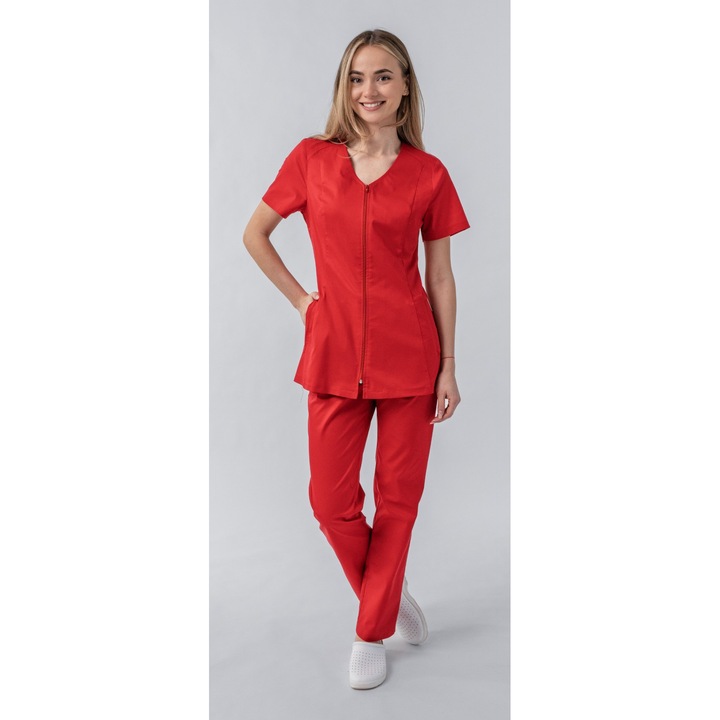 Bluza medicala Elena, de dama, cambrata, cu fermoar, culoare rosu, XL