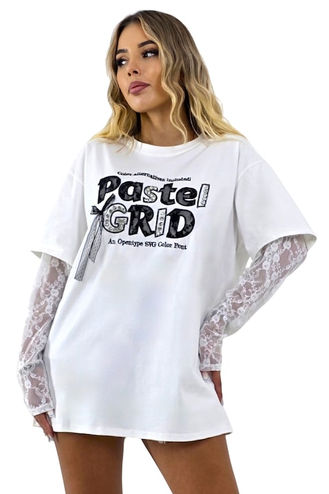 Рокля-тениска ASLEY, от памук, с дантелени ръкави, Пастелно бял, Универсален размер S/M, FashionForYou