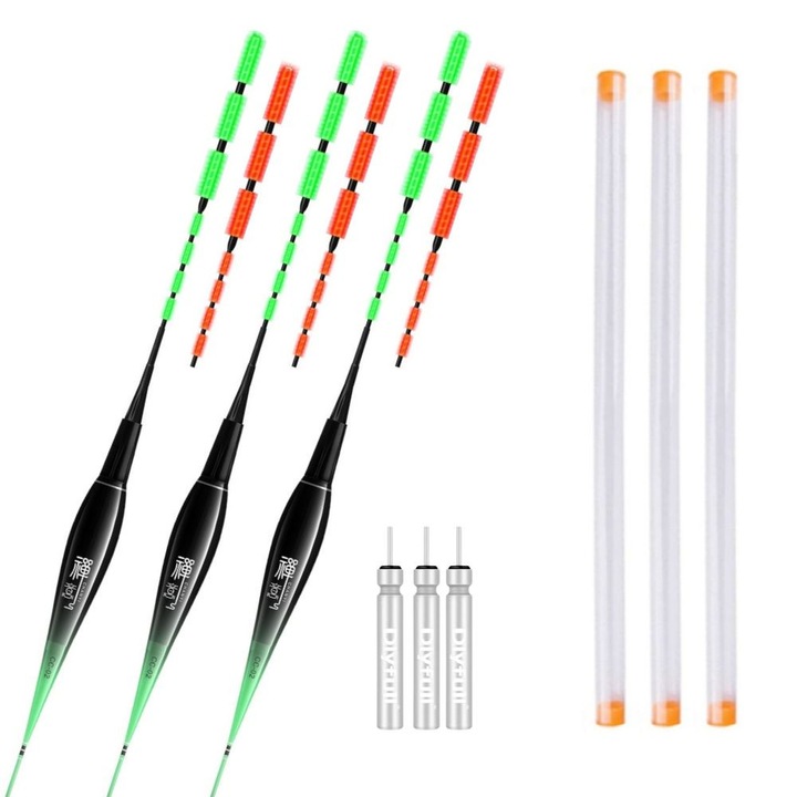 Set 3 buc Pluta de Pescuit de Noapte 1, 5 grame, Inteligenta cu Led si Senzor la Trasatura, Iluminare prin Fibra Optica, Schimbare de Culoare a Ledului cand Trage Pestele