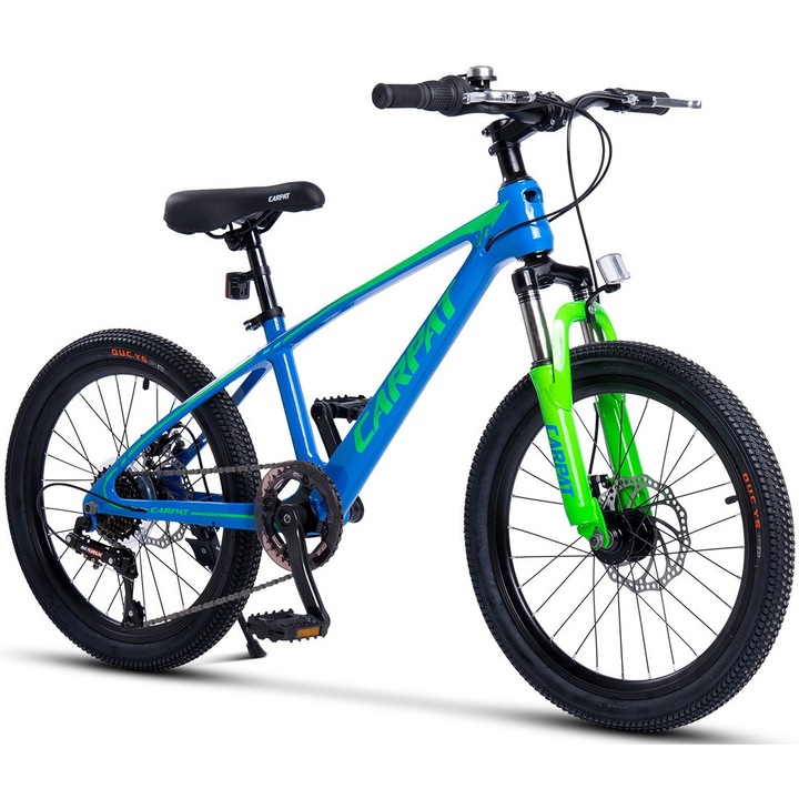 MTB Велосипед с 20" Колела, Дискови Спирачки, 7 Скорости, Оборудване SunRun, синьо със зелено, Планински Велосипед Carpat Hiro Genius с Алуминиева Рамка за деца 7/10 години - Между 110-140 см, 12,5 кг, Модел 2025