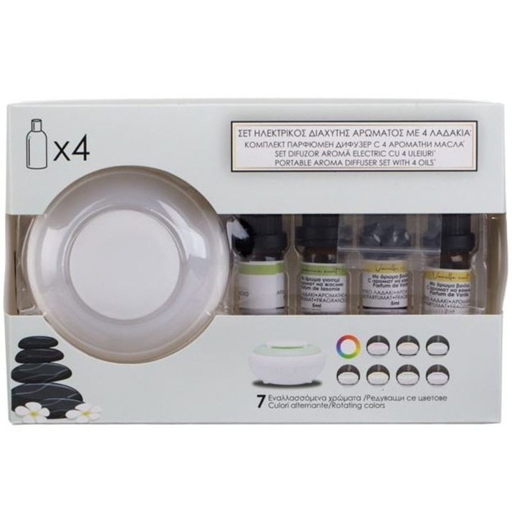 Elektromos illatdiffúzor 7 színű LED-del, kerek, USB, 4 illóolajjal (vanília ×2, jázmin ×2), Ø9.5×4 cm, fehér – szobába