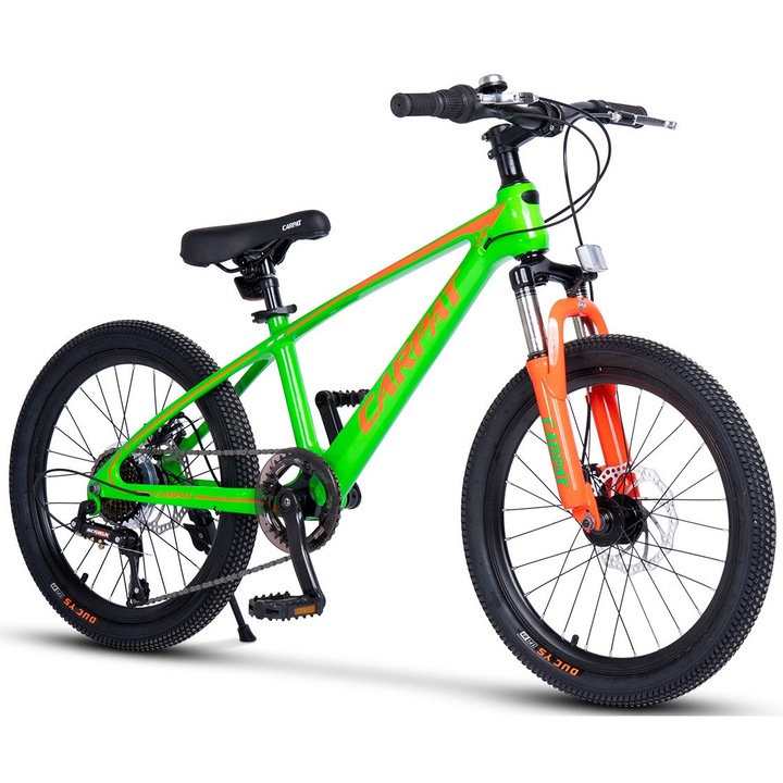 MTB велосипед с 20" колела, дискови спирачки, 7 скорости, оборудване SunRun, зелен с оранжево, Маунтин байк Carpat Hiro Genius с алуминиева рамка за деца 7/10 години - Между 110-140 см, 12,5 кг, Модел 2025