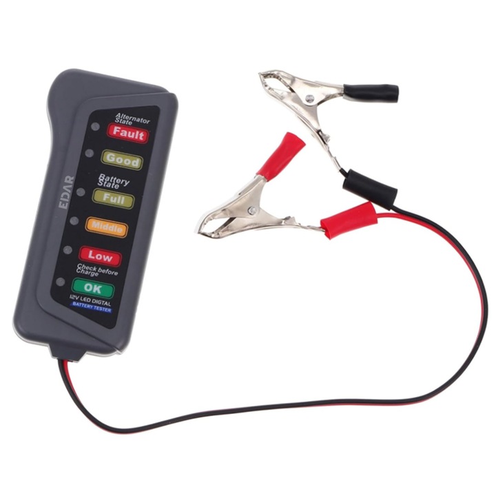 Tester Alternator Baterie 12V Cu Afisaj LED Carguard EDAR, Ideal Pentru Autoturisme, Camioane, Verificare Rapida Starea Alternator si Acumulator