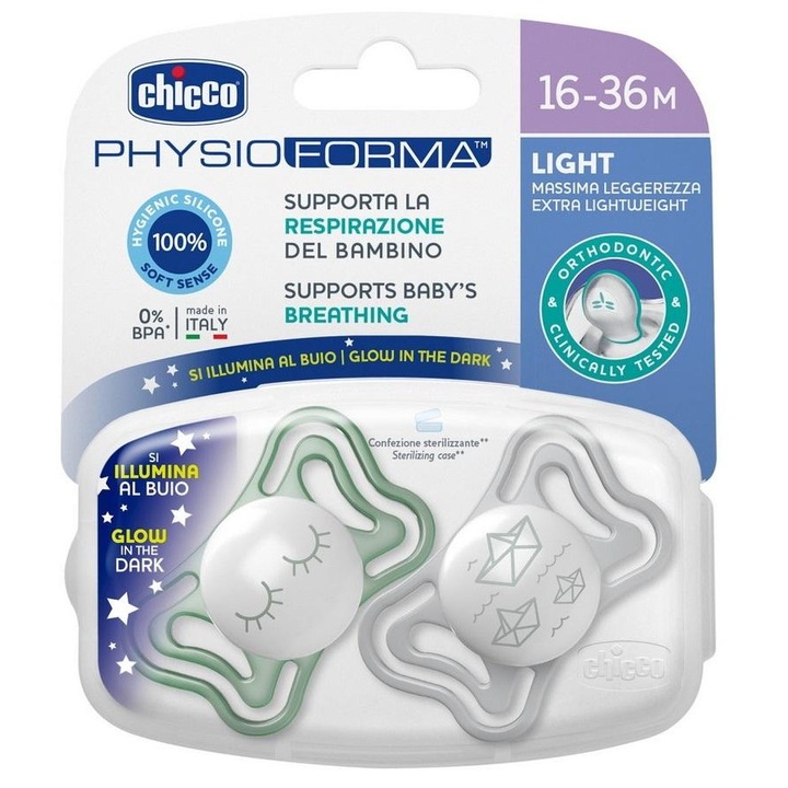 Suzeta Chicco PhysioForma Light, set 2 bucati, silicon, ergonomic, 16-36 luni