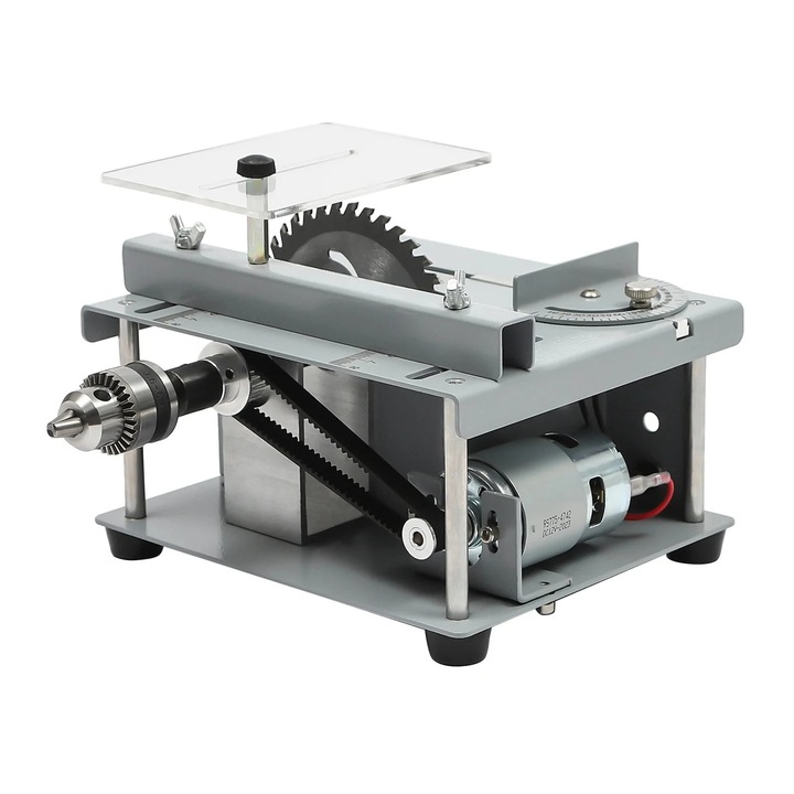 Mini ferastrau circular de masa 96W, ferastrau circular portabil pentru prelucrarea lemnului cu viteza reglabila pentru taierea betelor mici de lemn, argintiu