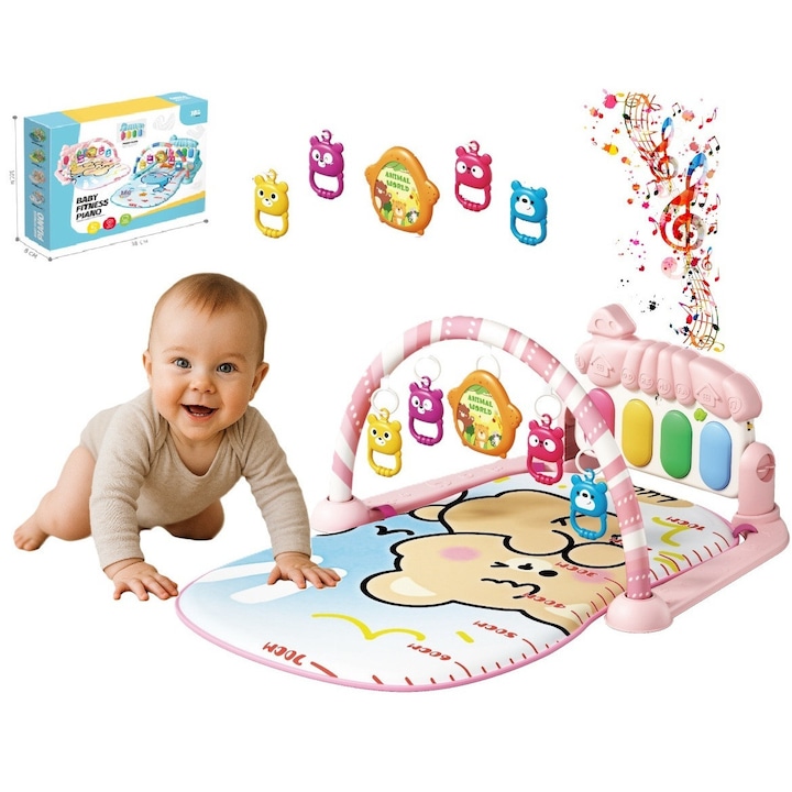 Salteluta si Centru de Activitati BambinoGym™ Pian Multifunctional, Muzica si Lumini, Arcada cu Jucarii, Perna Moale si Lavabila, Elemente Detasabile, Pink