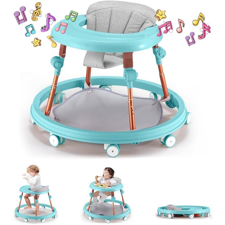 Мултифункционална проходилка 3в1 VibeZilla, Столче за хранене и бънджи, Подвижен музикален панел с играчки, Регулируема височина, Сгъваема, Мека и дишаща възглавница, Тихи 360° колела, Опора за крака, Подсилен дизайн, Против преобръщане, Минт зелен