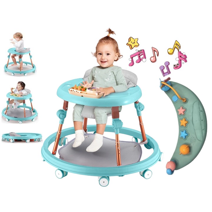 Premergator Multifunctional 3in1 VibeZilla® Scaun de Masa si Jumper, Panou Detasabil Muzical cu Jucarii, Inaltime Reglabila, Pliabil, Perna Moale si Respirabila, Roti Silentioase 360°, Suport Picioare, Design Ranforsat, Anti-Rasturnare, Mint Green