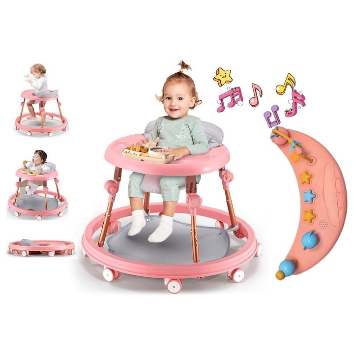 Premergator Multifunctional 3in1 VibeZilla® Scaun de Masa si Jumper, Panou Detasabil Muzical cu Jucarii, Inaltime Reglabila, Pliabil, Perna Moale si Respirabila, Roti Silentioase 360°, Suport Picioare, Design Ranforsat, Anti-Rasturnare, Pink