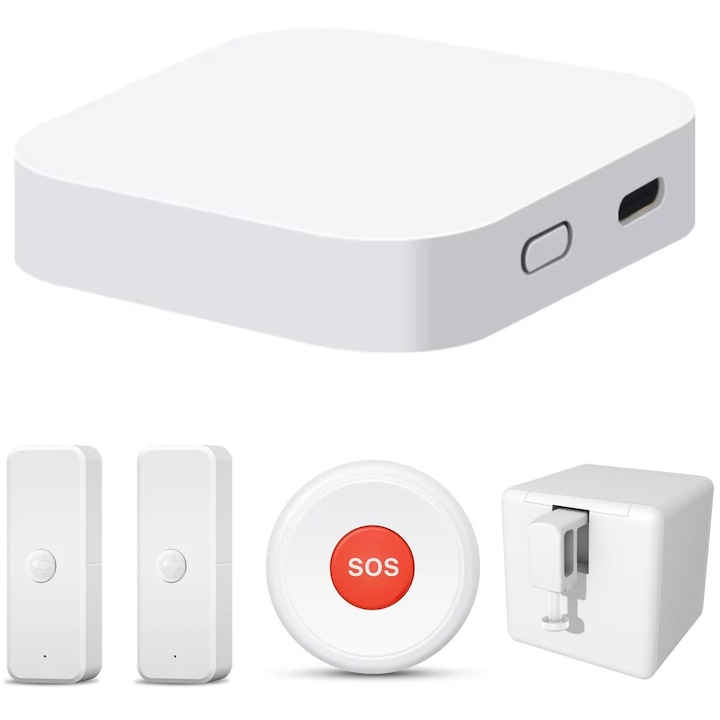 Set Smart Home cu Hub Gateway WiFi Zigbee Bluetooth, 1 Fingerbot Smart Button, 2 Senzori Miscare si 1 Buton Urgenta SOS, Compatibil Tuya SmartLife, Alexa, Google Assistant, 1 Protectie Rfid, UnderShop®