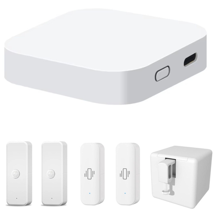 Set Smart Home cu Hub Gateway WiFi Zigbee Bluetooth, 1 Fingerbot Smart Button, 2 Senzori Miscare si 2 Senzori Vibratii Compatibil Tuya SmartLife, Alexa, Google Assistant, 1 Protectie Rfid, UnderShop®
