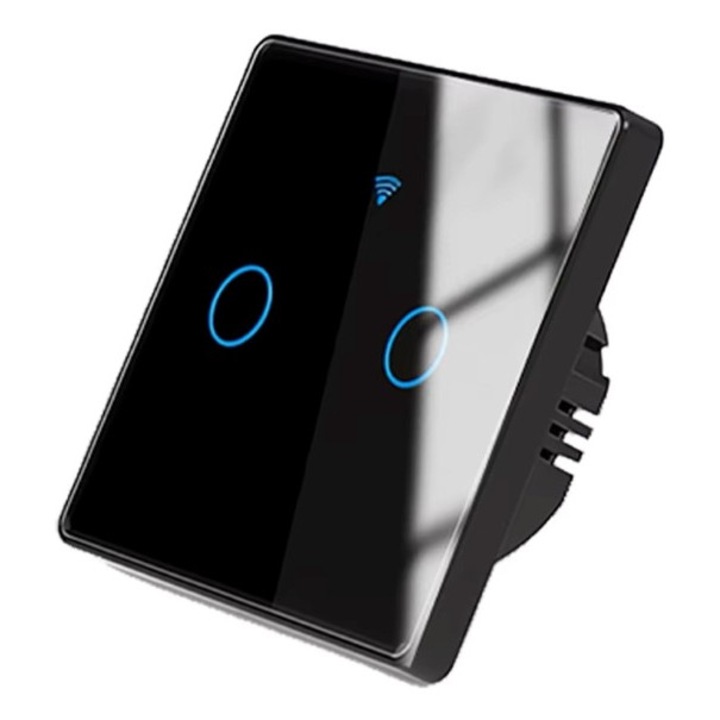 Смарт превключвател, Wi-Fi, 10A, 2 канала, Закалено стъкло, Tuya, Smart Life, Съвместим с Amazon Alexa/Google Assistant, Черен