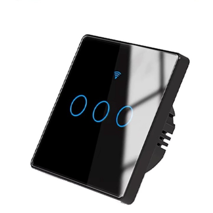 Intrerupator inteligent cu sau fara Nul, Wi-Fi, 10A, 3 canale, Sticla securizata, Tuya, Smart Life, Compatibil Amazon Alexa/Google Assistant, Negru