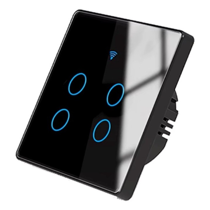 Смарт ключ, Wi-Fi, 10A, 4 канала, Закалено стъкло, Tuya, Smart Life, Съвместим с Amazon Alexa/Google Assistant, Черен