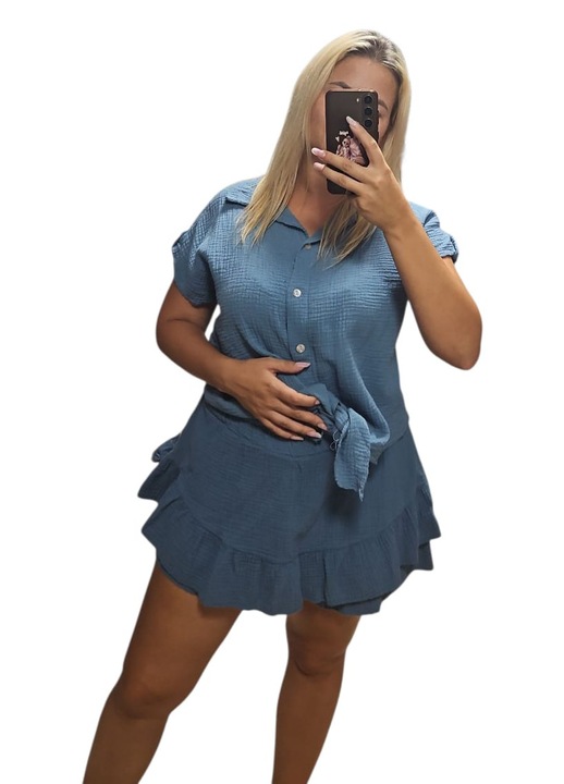 Compleu dama, albastru deschis, lejer, camasa cu fusta stil pantaloni, marime universala