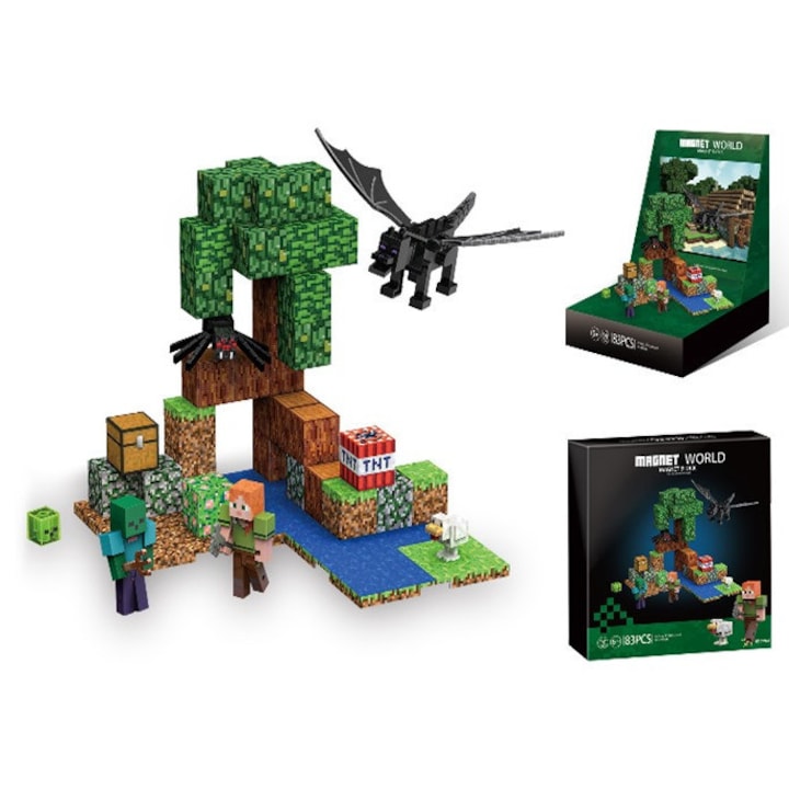 Set Cuburi Magnetice JPT Aventura in Padure, 83 piese, design pixelat, sigur pentru copii