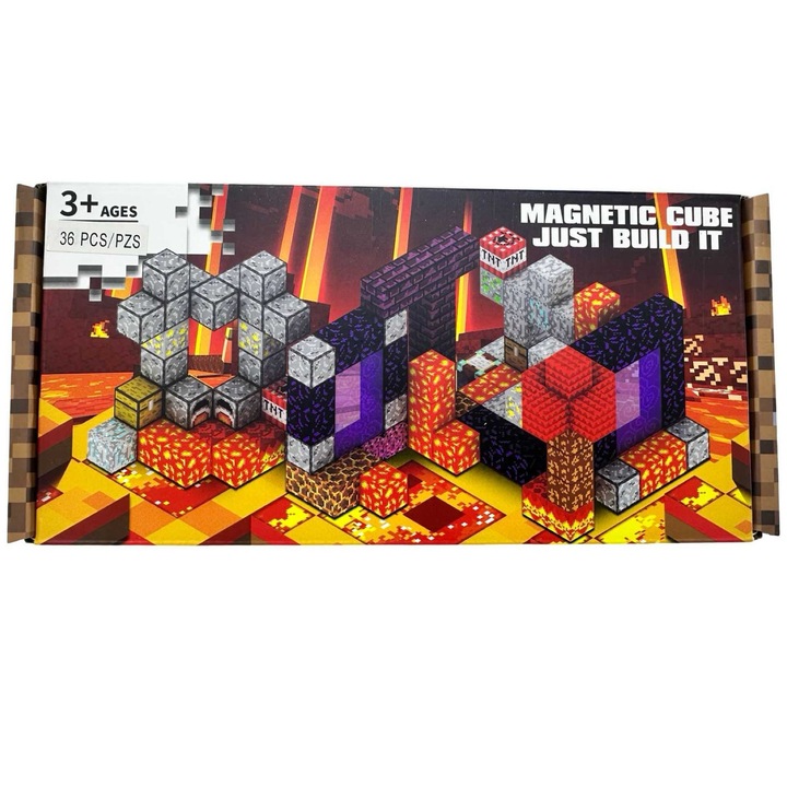 Set cuburi magnetice JPT Minecraft Nether 36 piese, texturi lava si obsidian, 2 cm
