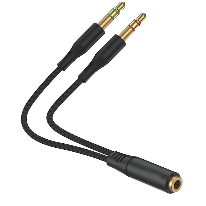 Аудио сплитер адаптер, Жак 3.5 мм женски към 2x Жак 3.5 мм мъжки, Слушалки и микрофон, 20 см, Черен