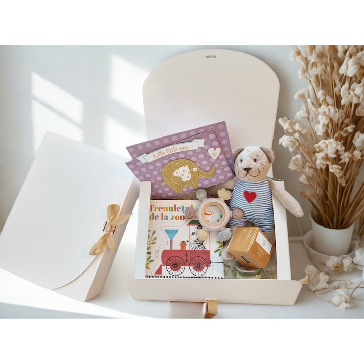 Set cadou Mama & Bebe, Miraboo, carte cartonata cu puzzle, jucarie dentitie, ursulet plus, crema naturala, lumanare, felicitare, cutie cadou eleganta, cadou nou-nascut, nastere, mama maternitate