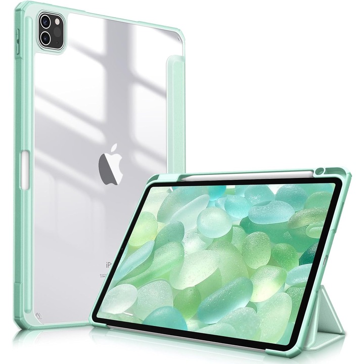 Husa premium pentru tableta Apple iPad Air 11" (2024), Sigloo, interior imitatie piele, suport Smart Pen, spate din PC transparent, rezista la socuri, Verde deschis