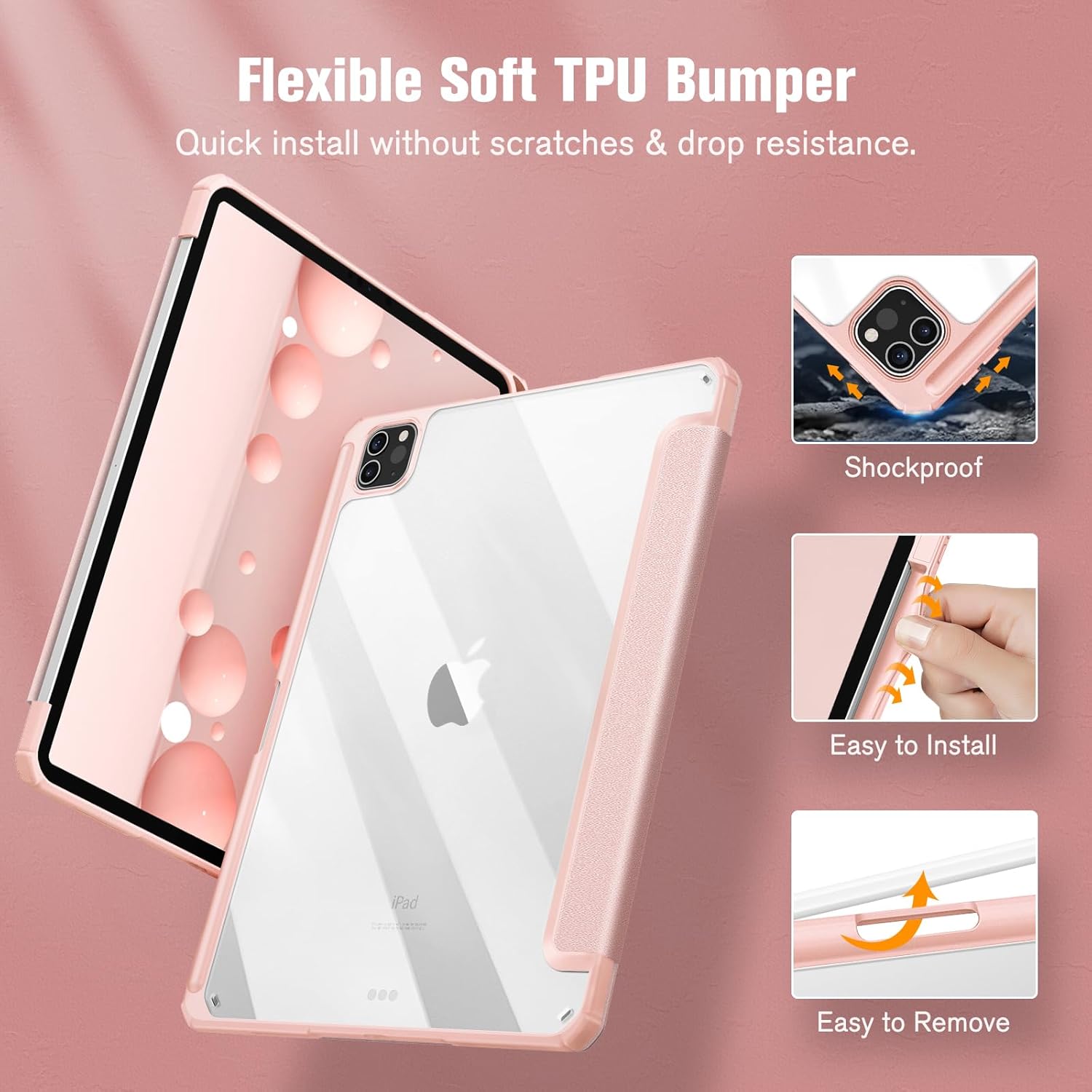 Husa premium pentru tableta Apple iPad Air 11" (2024), Sigloo, interior imitatie piele, suport Smart Pen, spate din PC transparent, rezista la socuri, Roz Gold