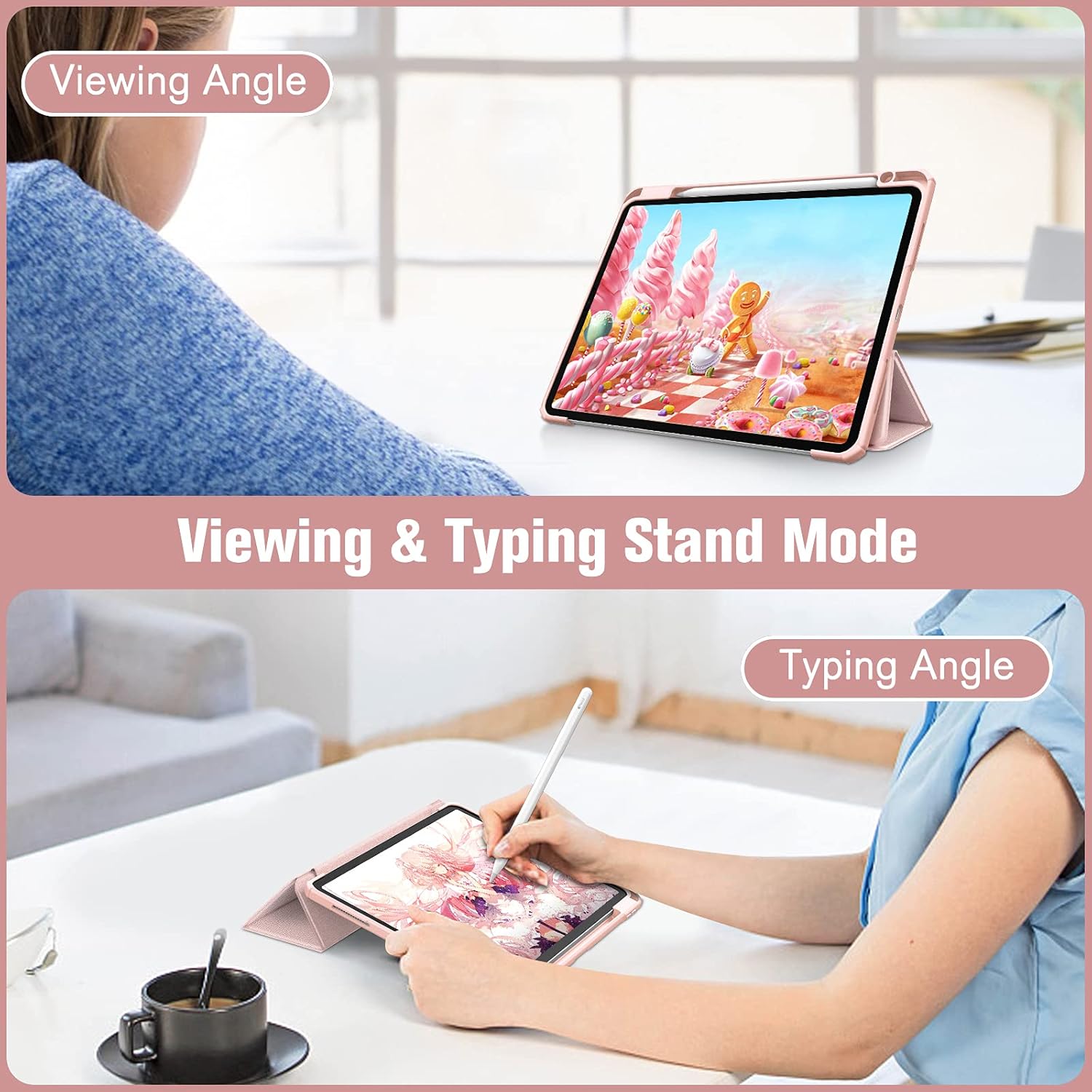 Husa premium pentru tableta Apple iPad Air 11" (2024), Sigloo, interior imitatie piele, suport Smart Pen, spate din PC transparent, rezista la socuri, Roz Gold