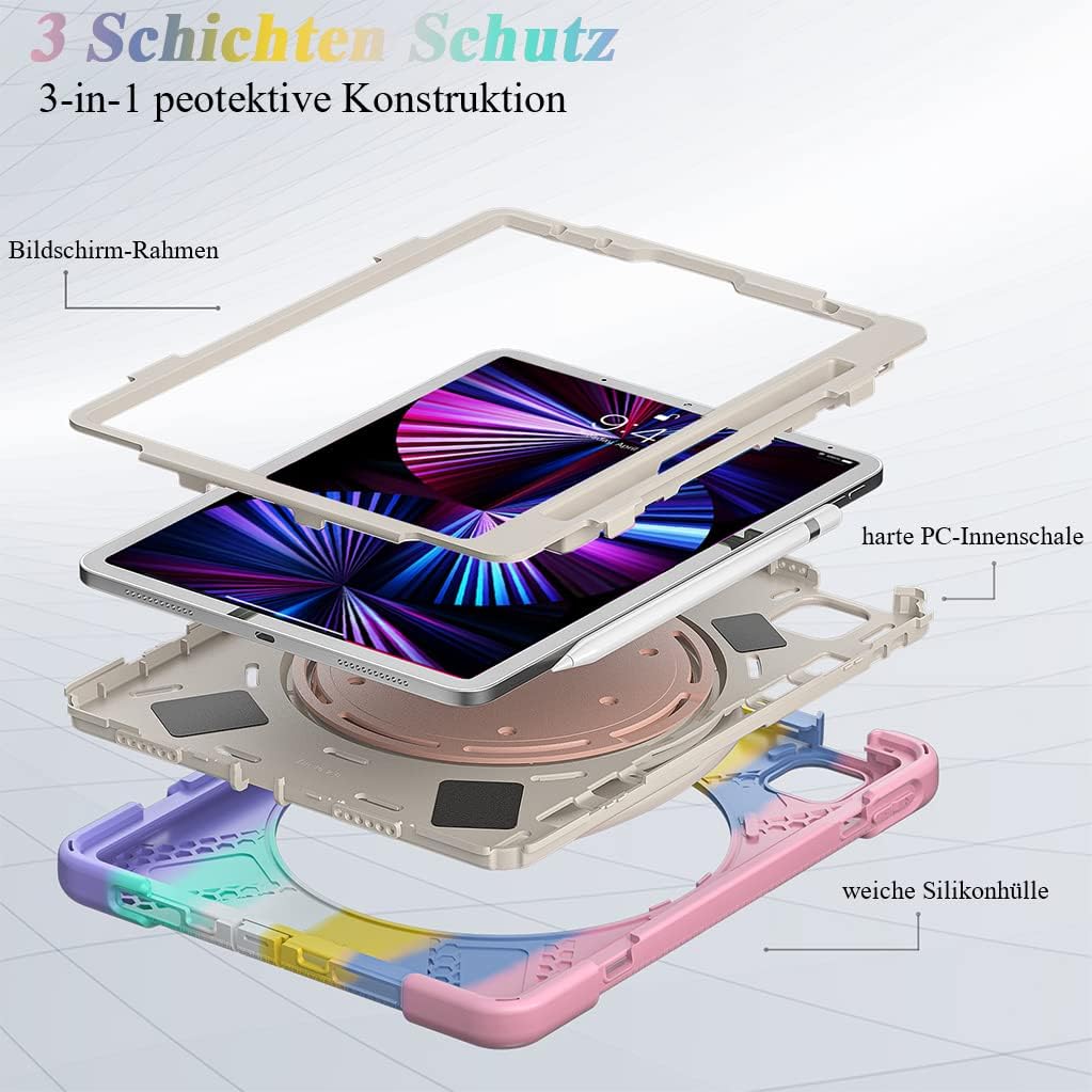 Husa de protectie pentru Apple iPad Air 10.9" (Gen. 5/4) si iPad Pro 11" (Gen. 1–4), Sigloo, antisoc, suport 360, curea de umar, Roz