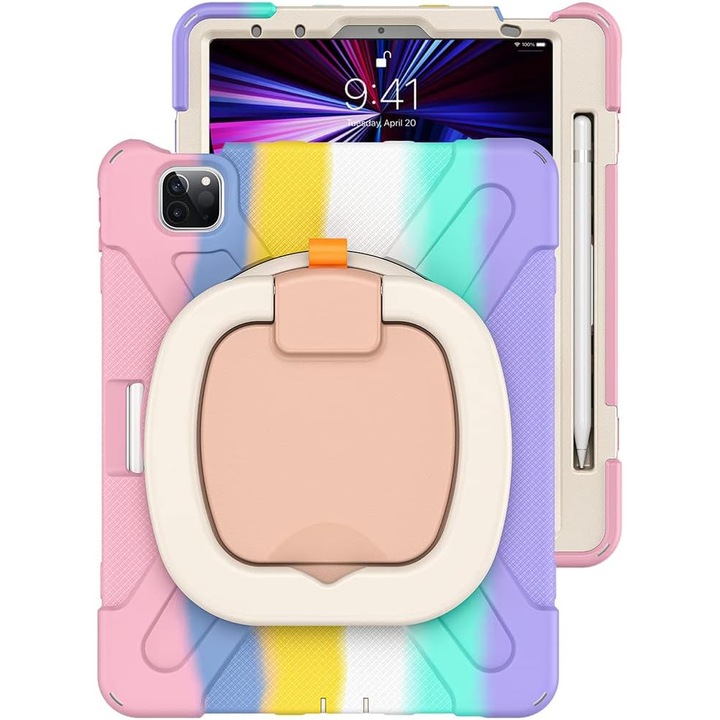 Husa de protectie pentru Apple iPad Air 10.9" (Gen. 5/4) si iPad Pro 11" (Gen. 1–4), Sigloo, antisoc, suport 360, curea de umar, Roz