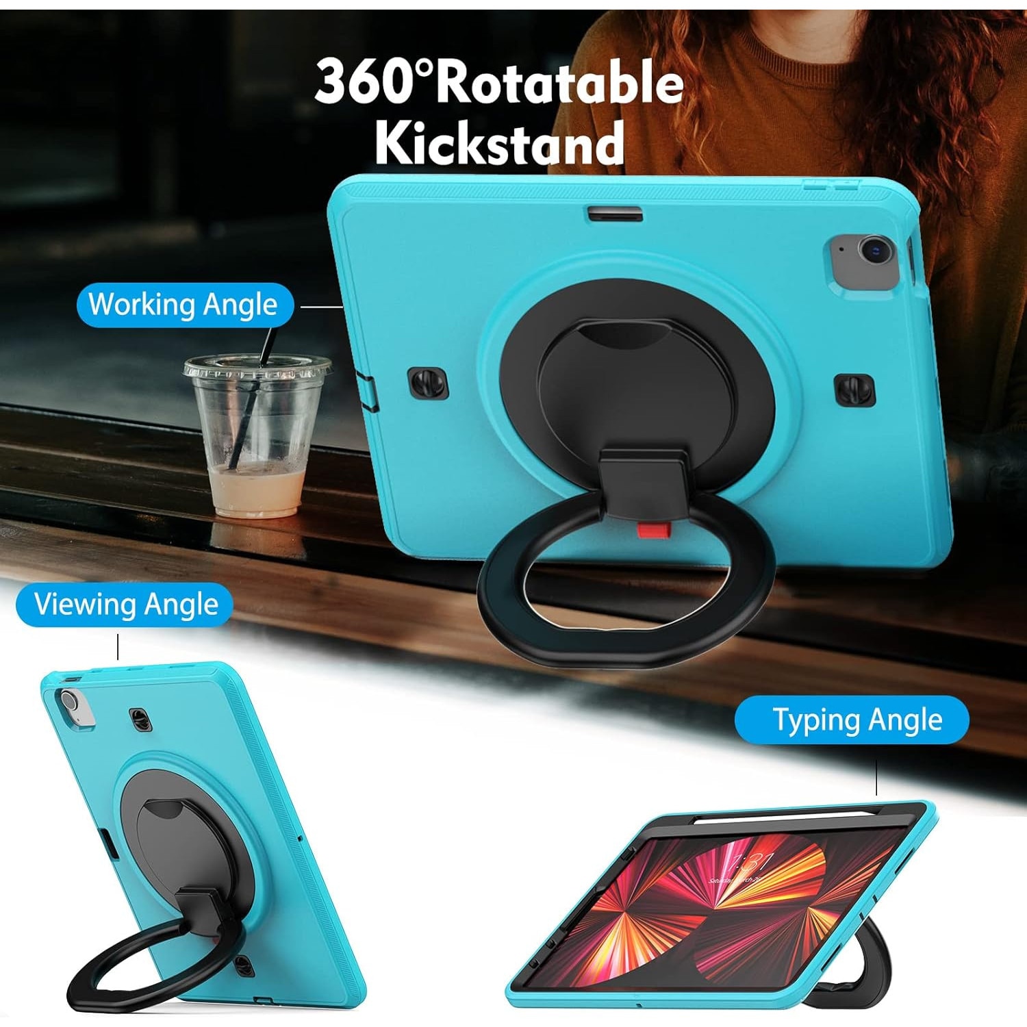 Pachet complet Sigloo 360° pentru iPad Air 10.9" (Gen. 5/4) si iPad Pro 11" (Gen. 1–4), - Husa cu folie, suport rotativ si suport creion - Albastru