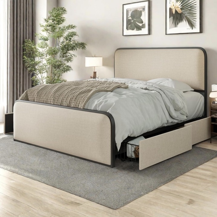 Легло Vida 160x200 см с 4 метални чекмеджета, тапицирано с бежов плат, включена метална подматрачна рамка MB20