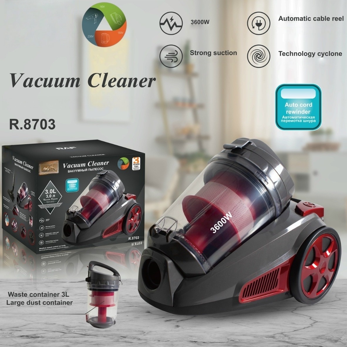 Aspirator, 3600W, cutie de praf de 3L, aspirare puternica, potrivit pentru diverse scenarii de curatare, 40x20x36cm, negru