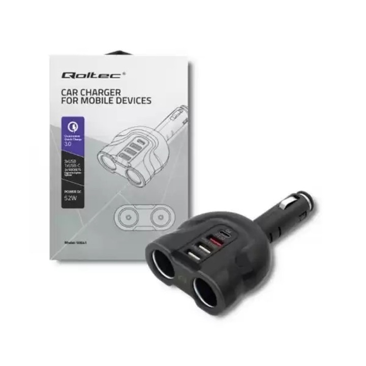 Invertor auto universal Qoltec, 12–24V, 52W, 2.4A, 2 x USB, USB QC 3.0, USB-C PD, 2 x Splitter bricheta