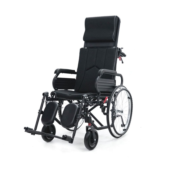 Scaun cu rotile din aluminiu, multipozabil, suporti picioare si gambe, tetiera, negru, sezut 46cm, Timago