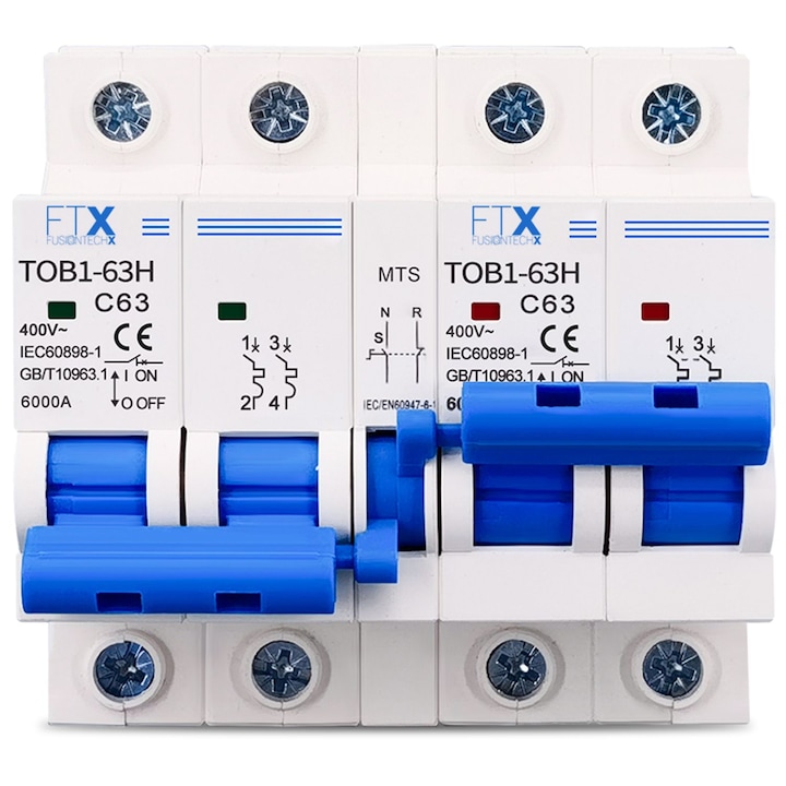 Comutator Manual de Transfer al Energiei AC, 2P Plus 2P MTS, Disjunctor MCB, 63A, 230V, 50Hz/60Hz, FusionTechX®