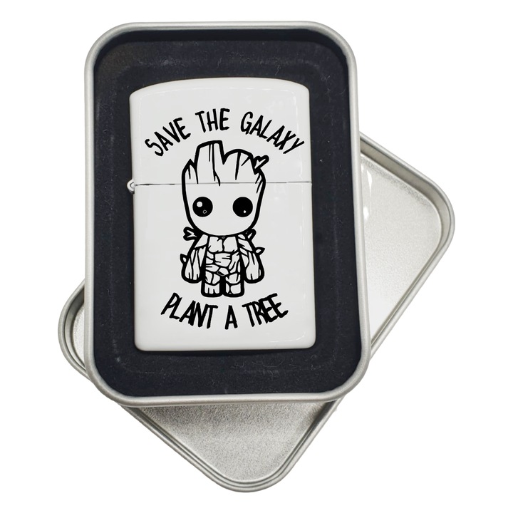 Ajándékbolti fém öngyújtó, üzenettel személyre szabott: save the galaxy plant a tree, ajándékdobozban, bgs 029 modell