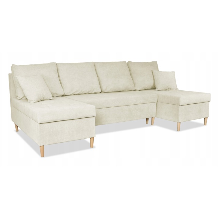 Colțar extensibil, Wigo Big, funcție de dormit, catifea/lemn, 296x140x74 cm, bej