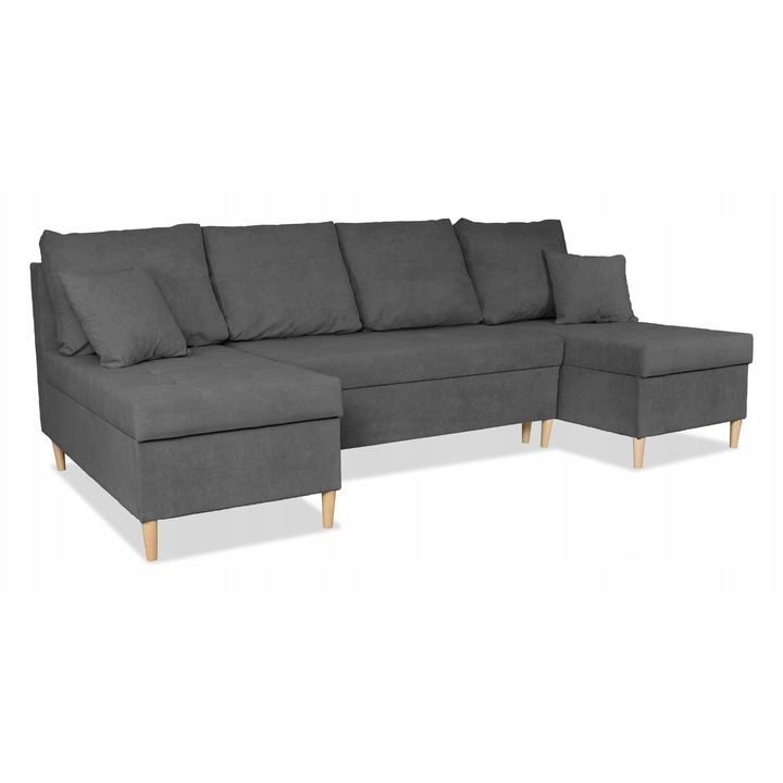 Coltar extensibil Family Meble, gri, 296x140x74 cm, functie de dormit, container pentru lenjerie de pat