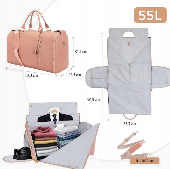 Multifunkcionális utazótáska, Zola, akasztórendszer, 53.3 x 25.4 x 31.5 cm, cipőrekesz, 61-68.5 cm-es szíj, műbőr, rózsaszín