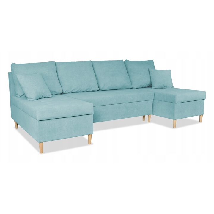 Coltar extensibil, Wigo Big, funcție de dormit, container pentru lenjerie, catifea, 296x140x74 cm, turcoaz