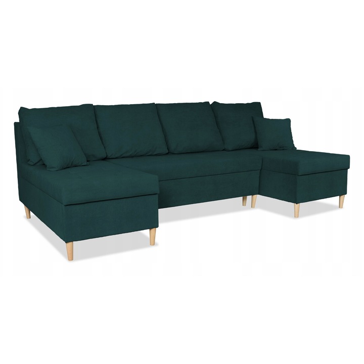 Colțar extensibil Wigo Big, funcție de dormit, container pentru lenjerie, catifea/verde, 296x140x74 cm