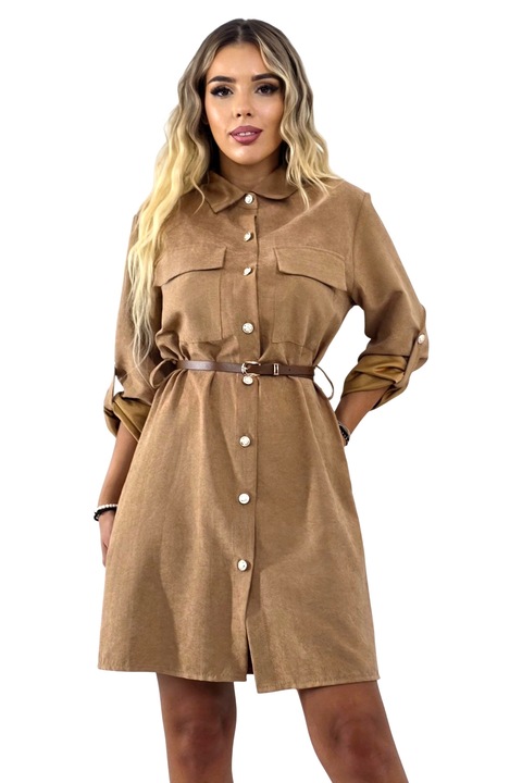 Rochie scurta de zi Kayla, cu nasturi si curea, BEJ, Marime universala S/M, FashionForYou
