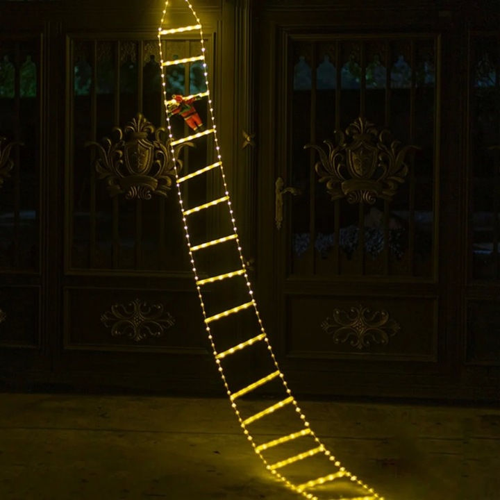 Instalatie LED de Craciun, By Fitilomania, cu Accesorii, Lumina Calda, Lungime 1.7m, 8 Trepte, 144 de Luminite, 8 Moduri, Model Mos Craciun pe Scara, Multicolor