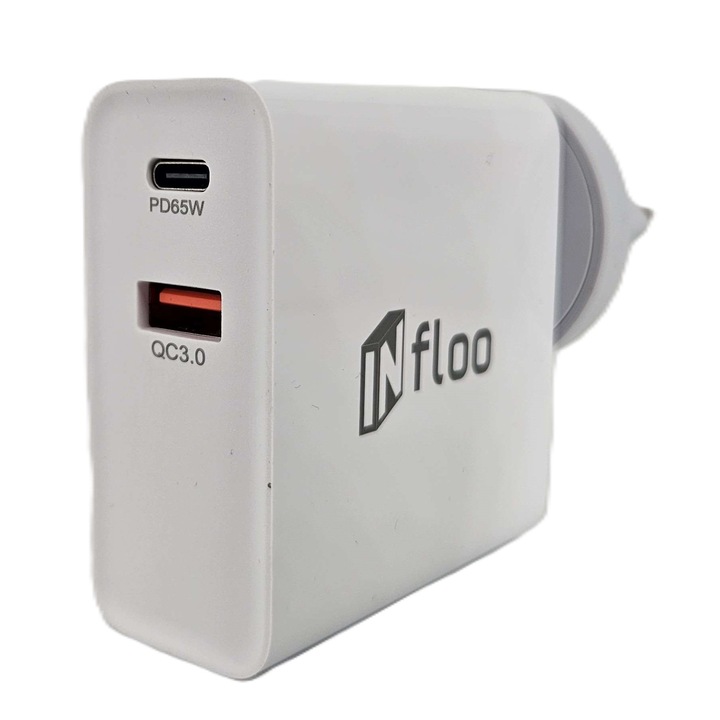 Incarcator universal de priza INFLOO REAL 65W QC3.0 PD USB-C USB-A GAN alb
