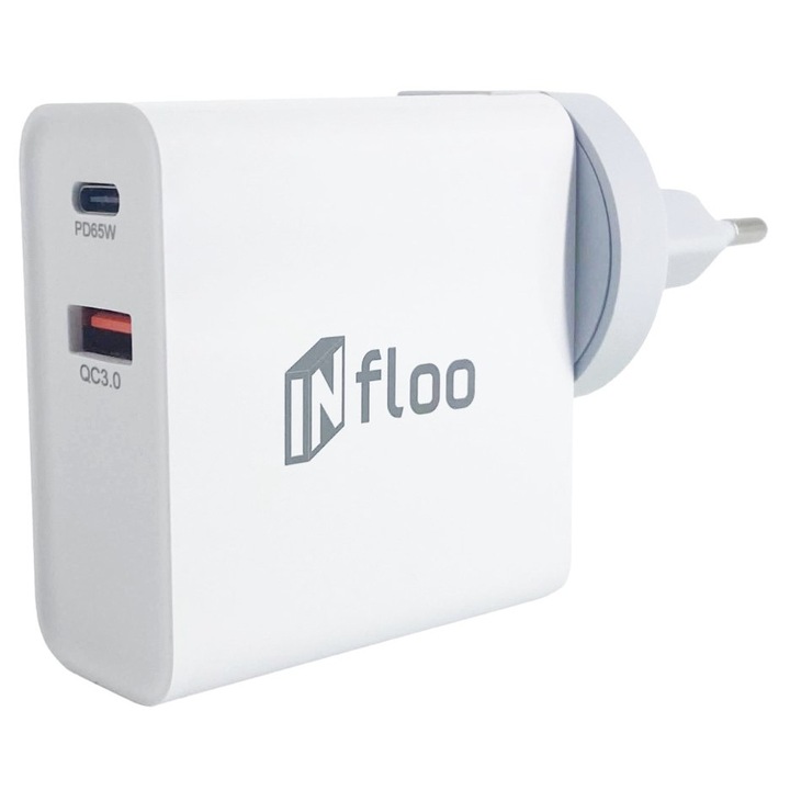 Incarcator universal de priza INFLOO REAL 65W QC3.0 PD USB-C USB-A GAN alb