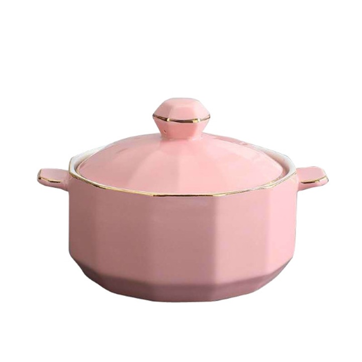 Bol cu manere si capac, Model elegant, Ceramica, Roz/Auriu, 19x15x9cm