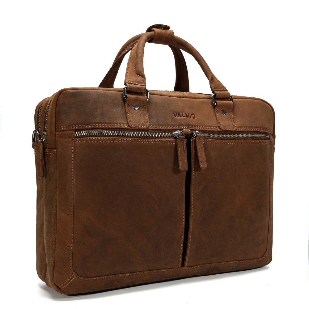Geanta laptop barbati Valmio Sahara, piele naturala, maro deschis, 40x30x12cm