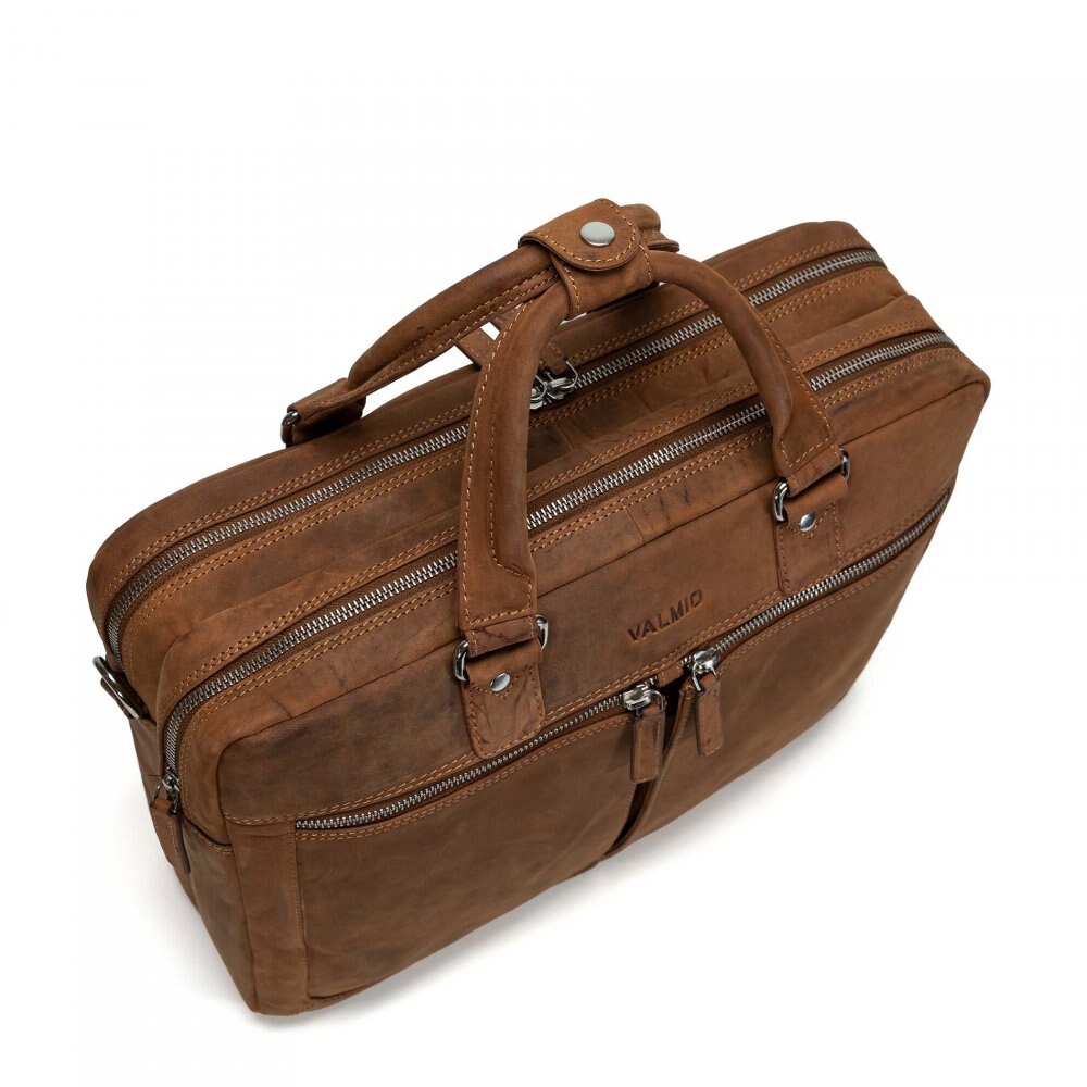 Geanta laptop barbati Valmio Sahara, piele naturala, maro deschis, 40x30x12cm