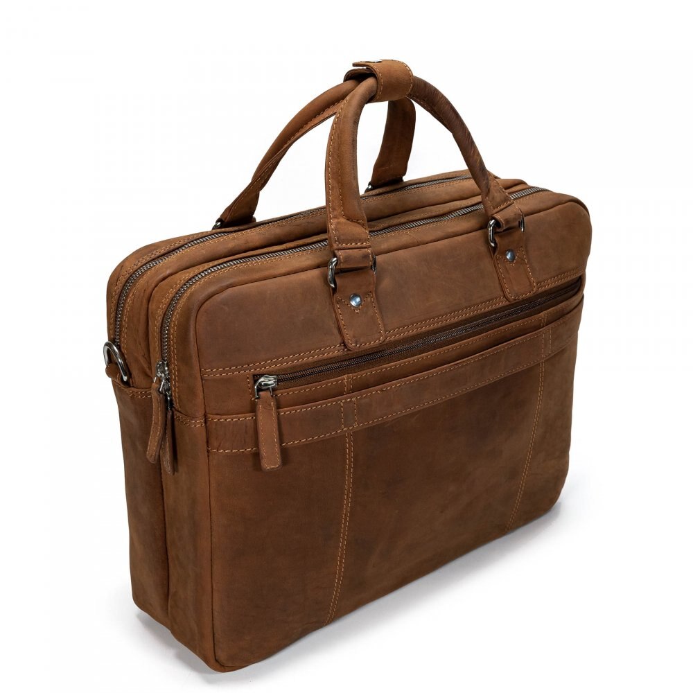 Geanta laptop barbati Valmio Sahara, piele naturala, maro deschis, 40x30x12cm